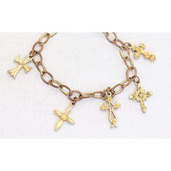 8 inch, Vintage Gold Tone Variety Cross Charms Elegant Charm Bracelet - AB2 - Picture 2 of 3